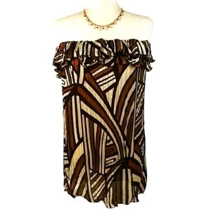 DeCo Brown and Gold Strapless Ruffle‎ Neckline Dress